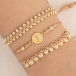 Pulsera Oro 18K Macramé Con Esferas Lisas Hilo Café Diseño Egipcio - Imagen 2