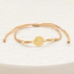 Pulsera Oro 18K Tejida Con Herraje San Benito Esferas Lisas Hilo Café