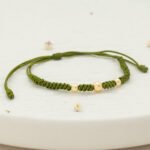 Pulsera Oro 18K Macramé Con Esferas Lisas Hilo Verde