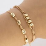 Pulsera De Oro 18K Macramé Con Cilindros Diamantados Hilo Café Diseño Egipcio - Imagen 2