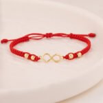 Pulsera De Oro 18K Con Esferas  Hilo Rojo Y Herraje Infinito - Imagen 2