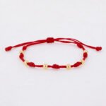 Pulsera De Oro 18k 7 Nudos  Con 6 Esferas 4mm Hilo Rojo