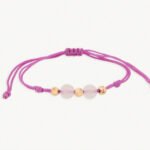 Pulsera Oro 18K Con 3 Esferas Diamantadas 4mm Tejida Con Hilo Rosado